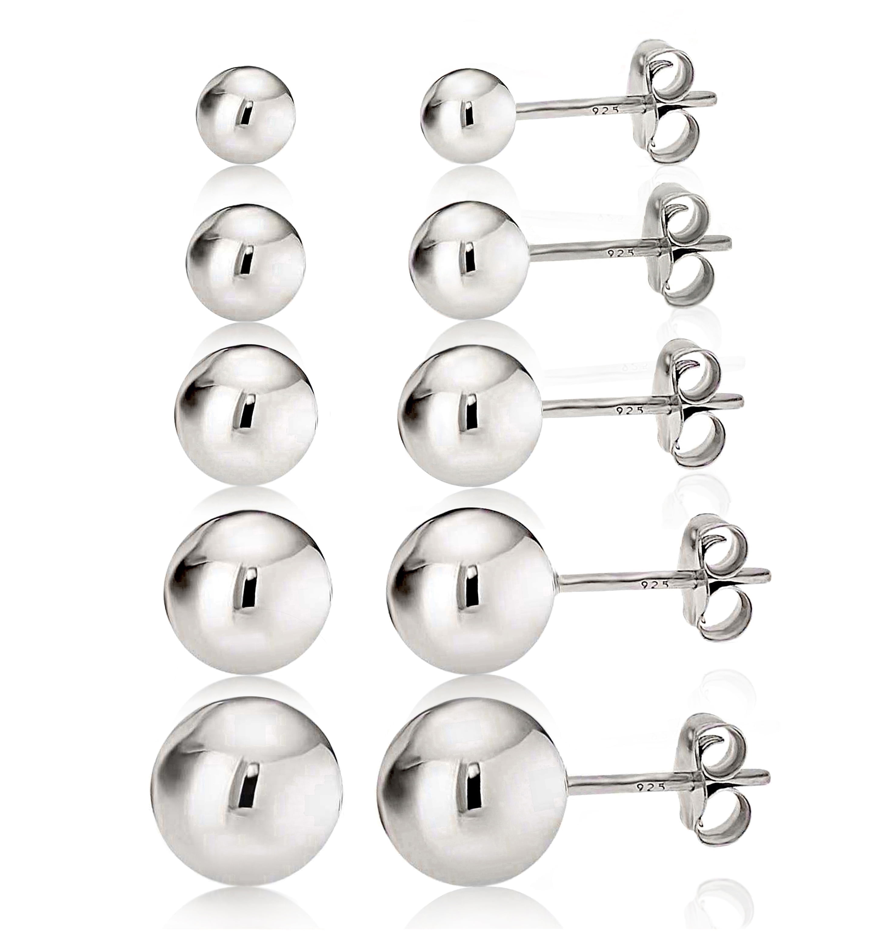 Kezef Women's 925 Sterling Silver High Polish Smooth Round Ball Stud Earring 5-Size Set - 4mm,5mm,6mm,7mm and 8mm
