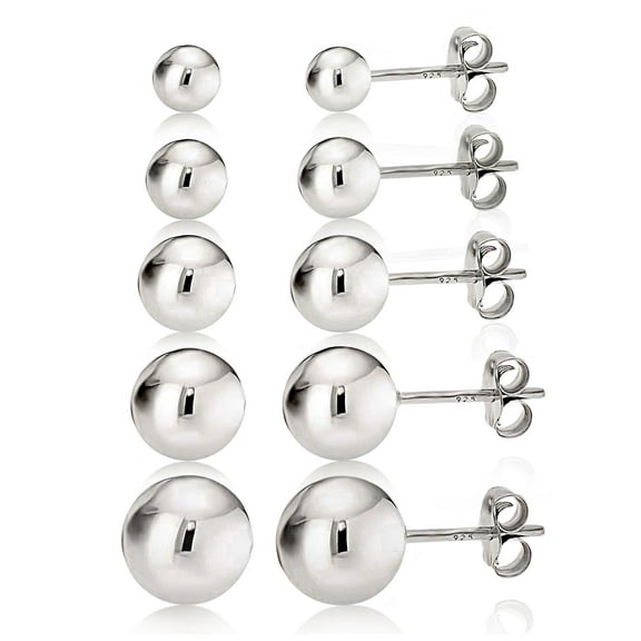 Kezef Women's 925 Sterling Silver High Polish Smooth Round Ball Stud Earring 5-Size Set - 4mm,5mm,6mm,7mm and 8mm