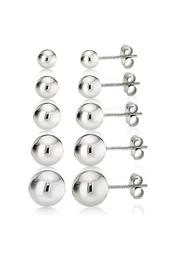 Women's 925 Sterling Silver High Polish Smooth Round Ball Stud Earring 5-Size Set - 4mm,5mm,6mm,7mm and 8mm