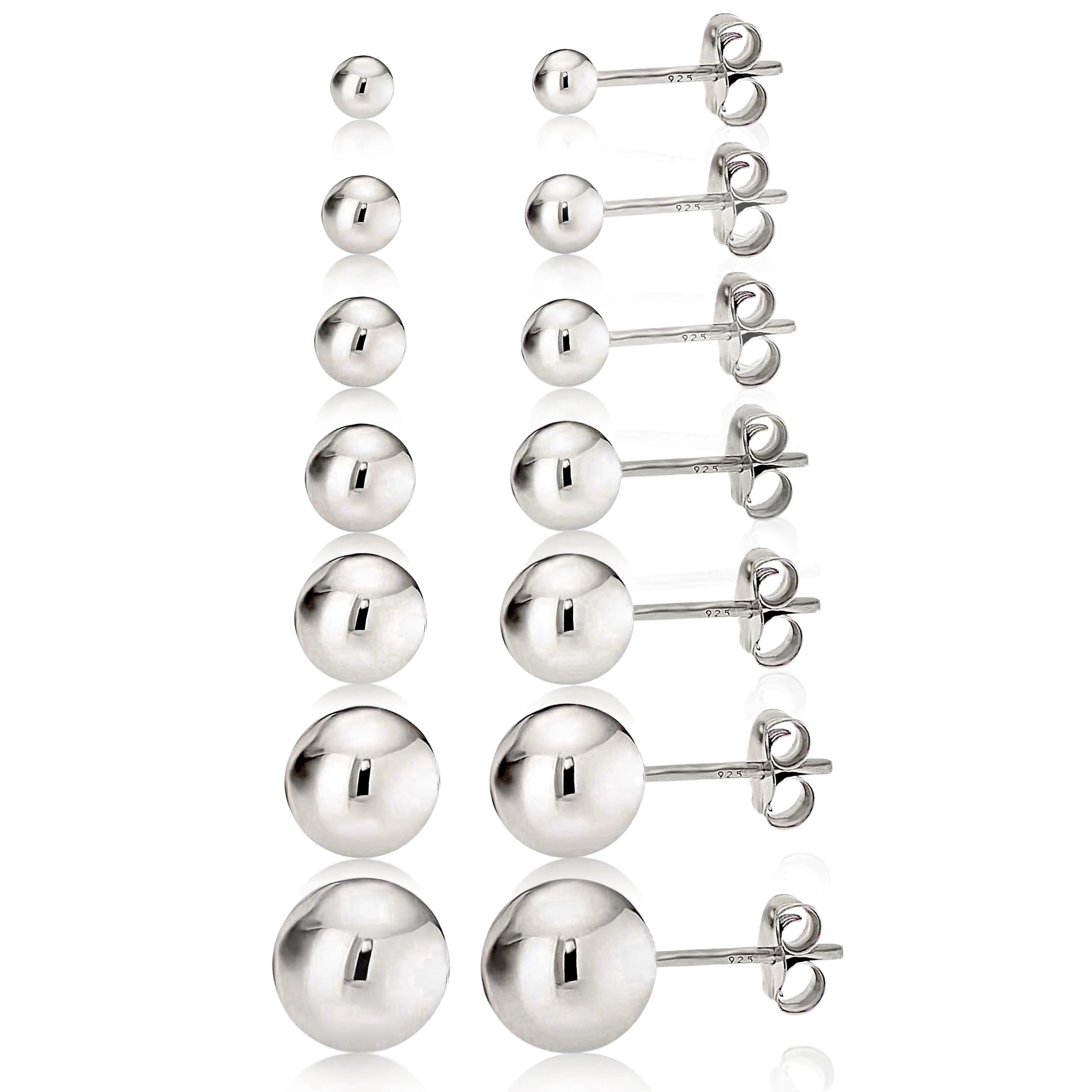 Kezef Women's 925 Sterling Silver High Polish Smooth Round Ball Stud Earring 7-Size Set - 2mm to 8mm