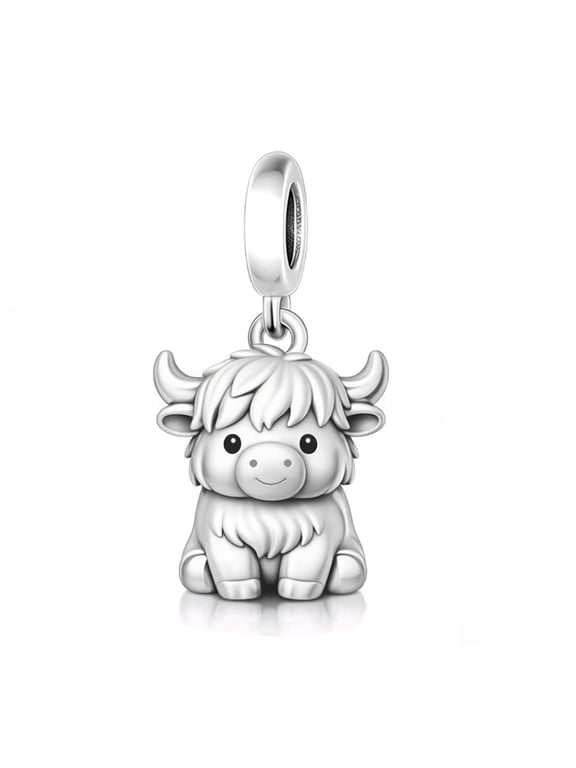 925 Sterling Silver Highland Cow Charm, Cute Scottish Cow Dangle Pendant Bead, Animal Charms for Bracelets and Necklaces, Fine Jewelry Gifts for Women