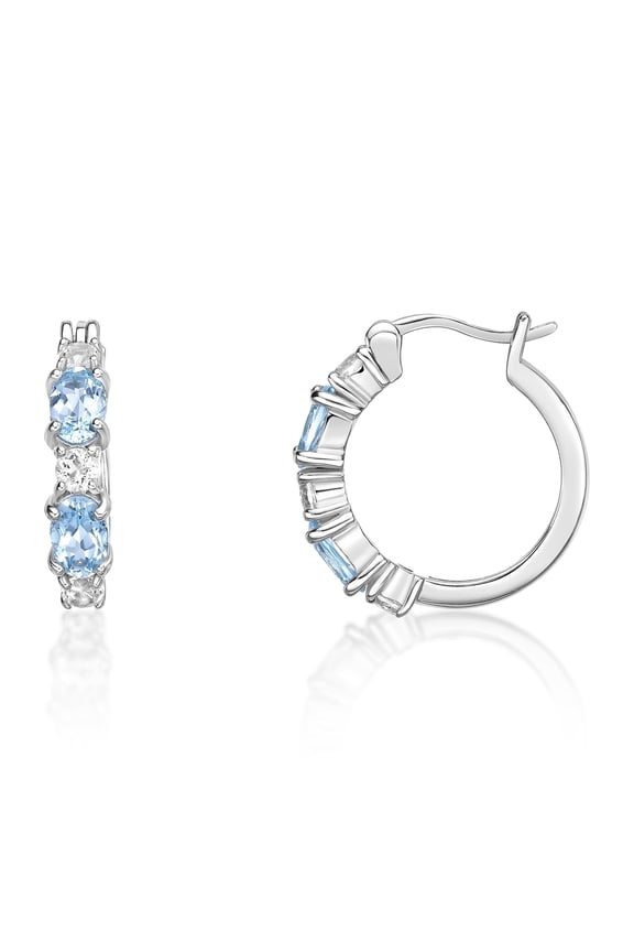 925 Sterling Silver Hinged Back Hoop Earrings With Oval Blue Topaz Fine Jewelry