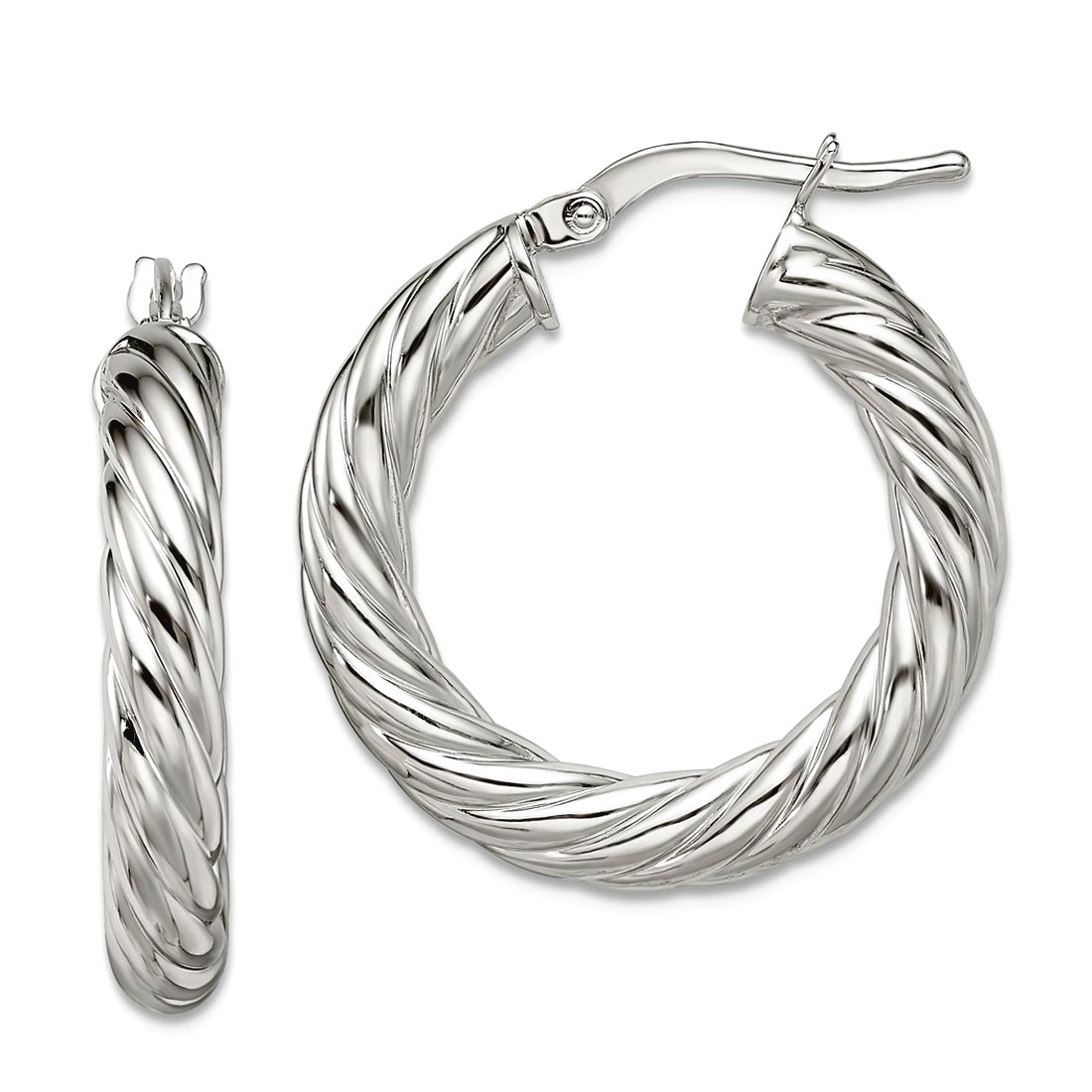 925 Sterling Silver 14K White Gold Plated Twisted Hoop Earrings For Women - 30mm Italian Made, Hook Closure, Gift Ready