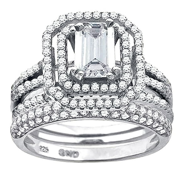 925 Sterling Silver His and Hers Cubic Zirconia Halo Bridal Trio Set Ring Size 6 Ring for Women