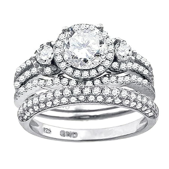 925 Sterling Silver His and Hers Cubic Zirconia Halo Bridal Trio Set Ring Size 8 Ring for Women