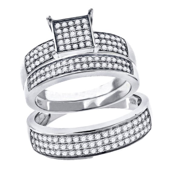925 Sterling Silver His & Hers Cubic Zirconia Square Head Trio Ring Set Size 8 Ring for Women