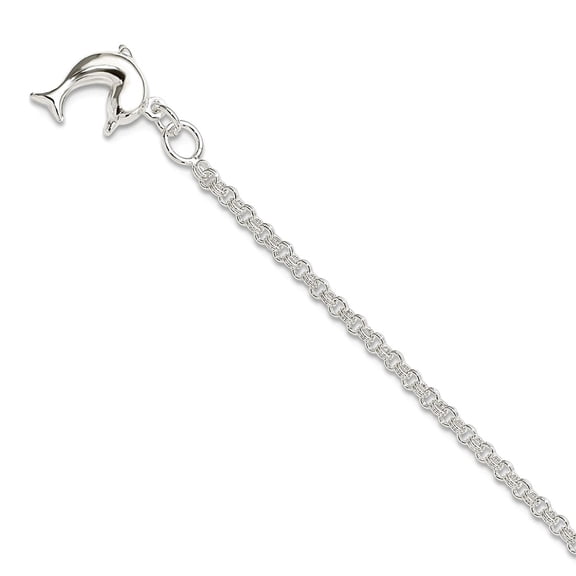 925 Sterling Silver Hollow Polished Dolphin Anklet 9 Inch Spring-Ring 13mm Wide Anklet for Women