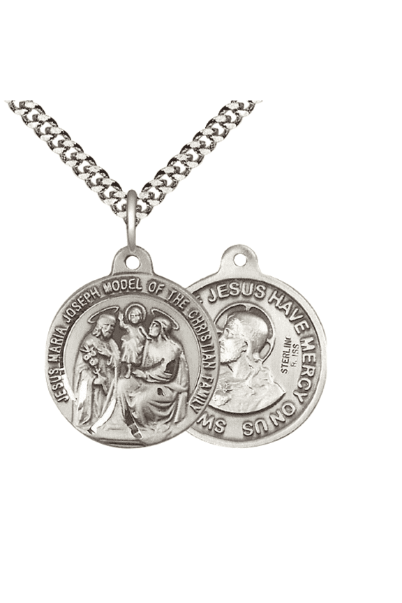.925 Sterling Silver Holy Family Medal Pendant ( 7/8 x 7/8") on 24 Inch Endless Rhodium Plated Heavy Curb Chain - Made in USA, Deluxe Velvet Gift Box