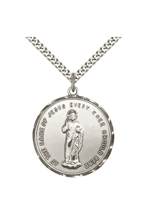 .925 Sterling Silver Holy Name Medal Pendant on 24 Inch Endless Rhodium Plated Heavy Curb Chain -Catholic Religious Necklace Made in USA,Deluxe Velvet Gift Box