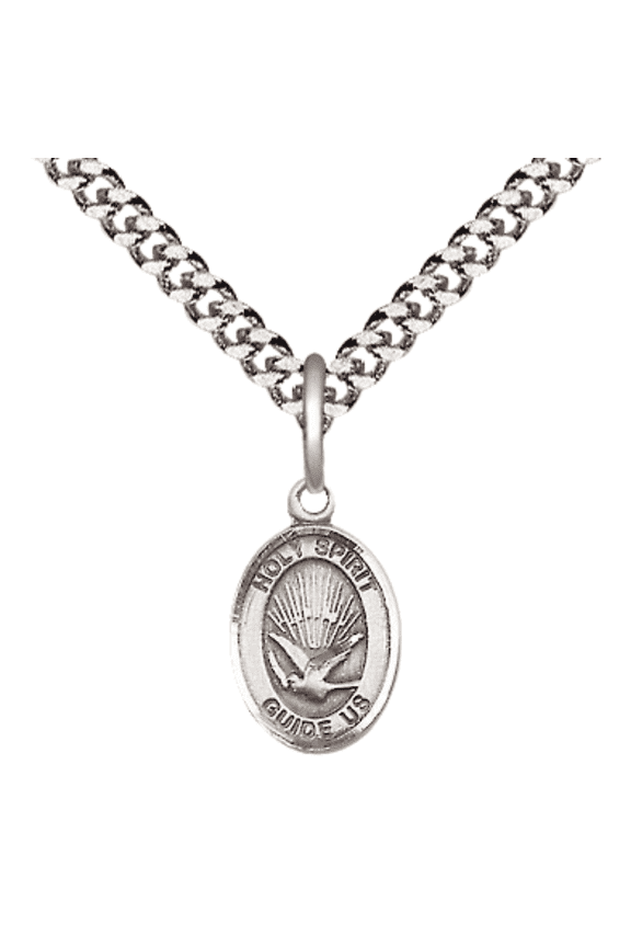 .925 Sterling Silver Holy Spirit Medal Pendant on 24 Inch Endless Rhodium Plated Heavy Curb Brass Chain, Catholic Religious Necklace -Made in USA- Deluxe Velvet Gift Box