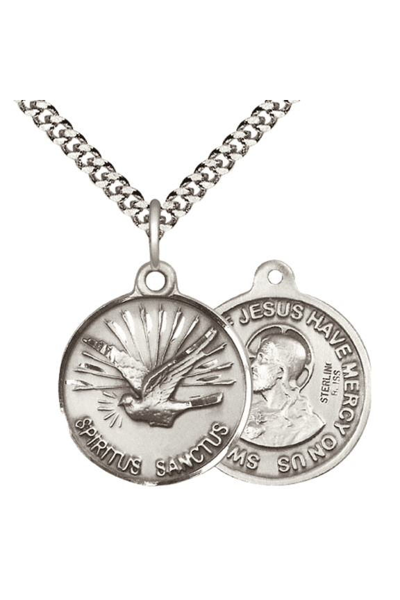 .925 Sterling Silver Holy Spirit Medal Pendant (7/8 x 7/8") with a 24 Inch Endless Rhodium Plated Heavy Curb Chain - Made in USA, Deluxe Velvet Gift Box