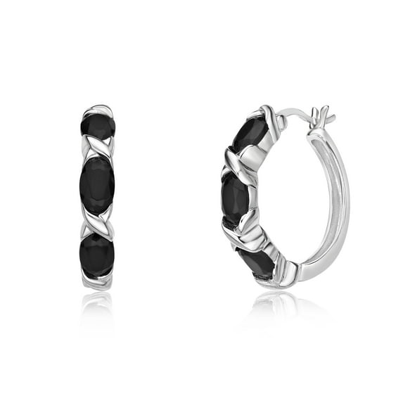 925 Sterling Silver Hoop Earrings With Oval Black Onyx Rare Gift Fine Jewelry