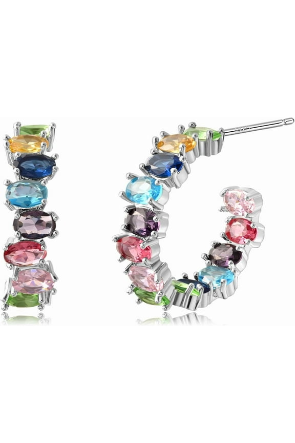 925 Sterling Silver Hoop Earrings for Women Colorful Crystal Cubic Zirconia Earrings Rainbow Chunky Half Hoops for Birthday Jewelry