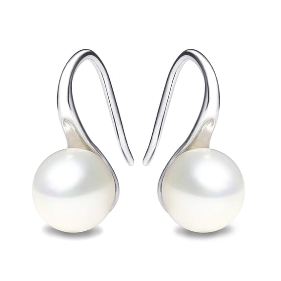 925 Sterling Silver Hoop Handpicked AAA+ Quality 7.5-8mm White Freshwater Cultured Pearl Dangle Drop Earrings Jewelry for Women