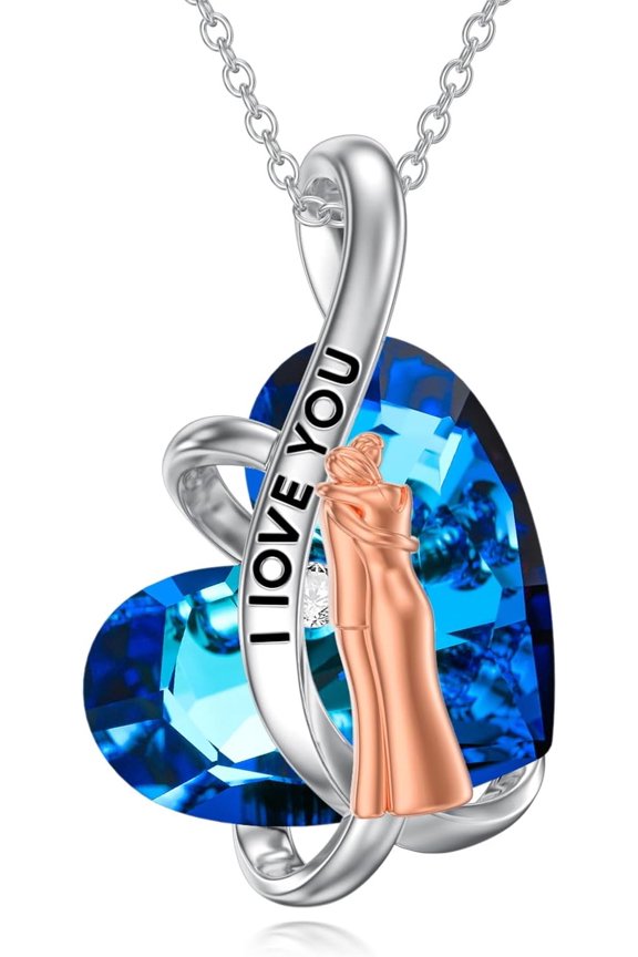 925 Sterling Silver Hug Necklace Created Blue Crystal Warm Embrace Pendant Necklace Sentimental Comfort Heart Jewelry Gifts for Women Men