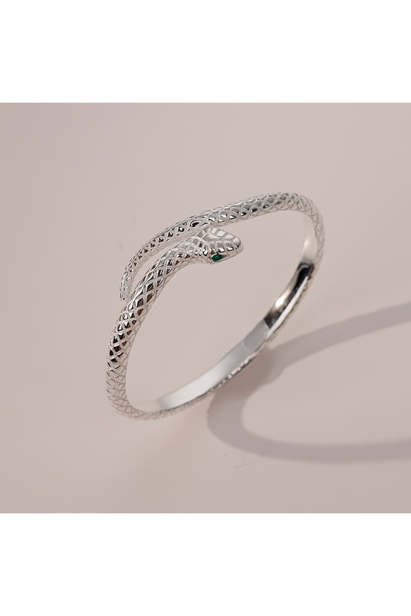 925 Sterling Silver Hypoallergenic Adjustable Snake Opening Zodiac Snake Design Cuff Bracelet with Green Zirconia Eyes and Floral Details,Silvery