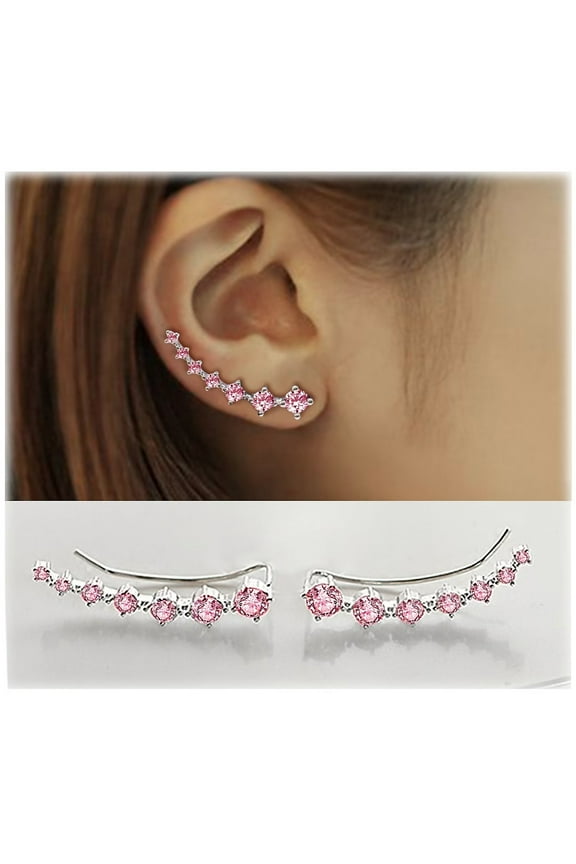 925 Sterling Silver Hypoallergenic Cartilage Jewelry for Women 7 Star Ear Cuffs Climber Earrings with Pink Cubic Zirconia for Birthday Gift