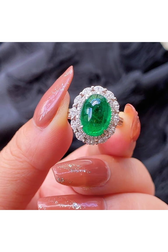 925 Sterling Silver Imitation Emerald Jade Oval Shaped Wedding Statement Anniversary Ring Cubic Zirconia Gemstone Ring CZ Diamond Promise Engagement Open Band Ring for Her