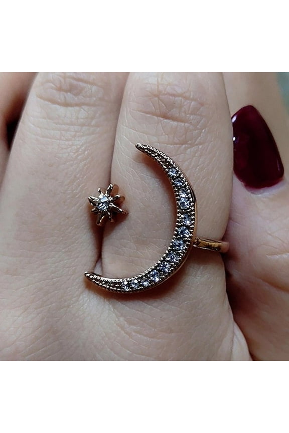 925 Sterling Silver In 18K Gold Filled Crescent Moon Star Diamond Rings