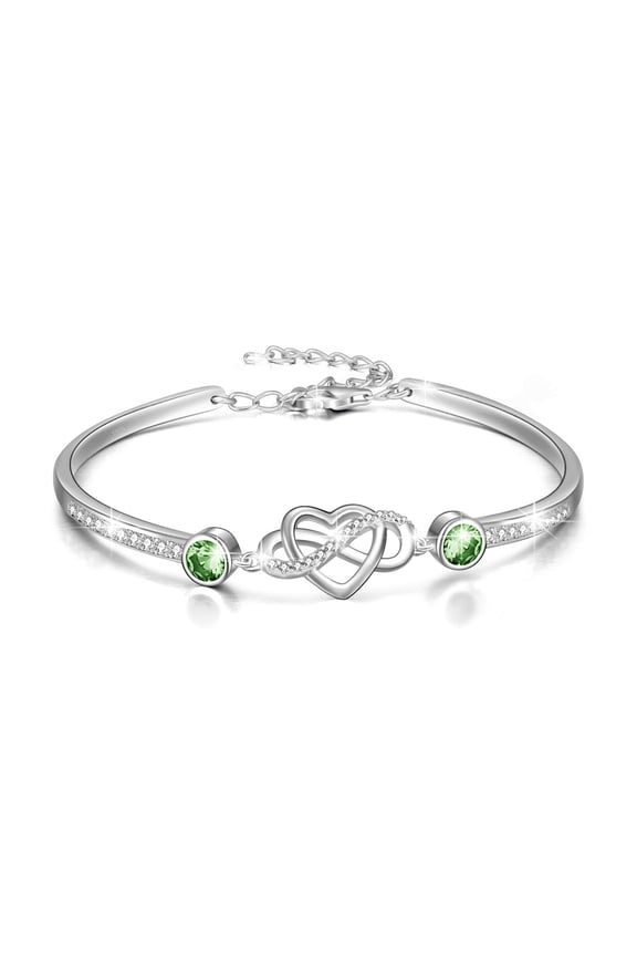 925 Sterling Silver Infinity Heart Bracelet - I Love You Forever Series Adjustable Bangle Bracelet with Simulated Peridot Birthstone Jewelry Valentines Day Anniversary Birthday Gifts