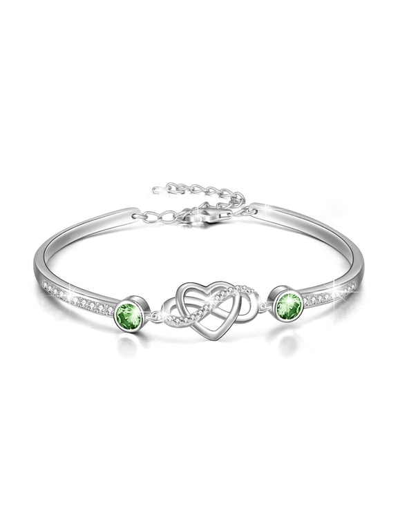 925 Sterling Silver Infinity Heart Bracelet - I Love You Forever Series Adjustable Bangle Bracelet with Simulated Peridot Birthstone Jewelry Valentines Day Anniversary Birthday Gifts for Wife