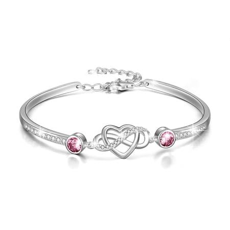 925 Sterling Silver Infinity Heart Bracelet - I Love You Forever Series Adjustable Bracelet with Simulated Tourmaline Pink Birthstone Jewelry Valentines Day Anniversary Birthday Gifts for Wife