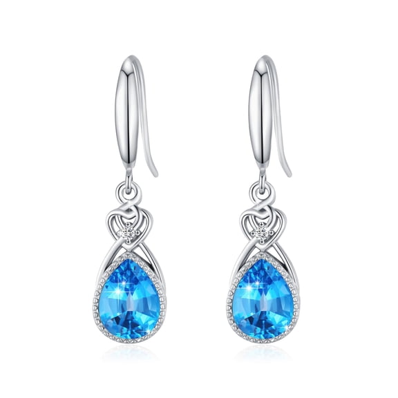 925 Sterling Silver Infinity Heart March Birthstone Aquamarine Dangle Hook Earrings, Halo Accent Holiday Christmas Jewelry Gifts for Women
