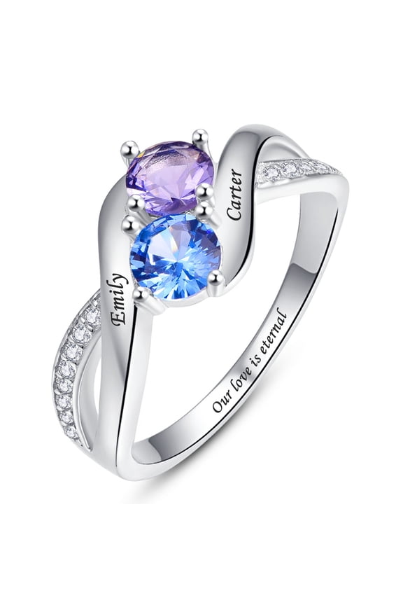 925 Sterling Silver Infinity Promise Rings with 2 Round Simulated Birthstones Custom Engraved Engagement Rings for Women