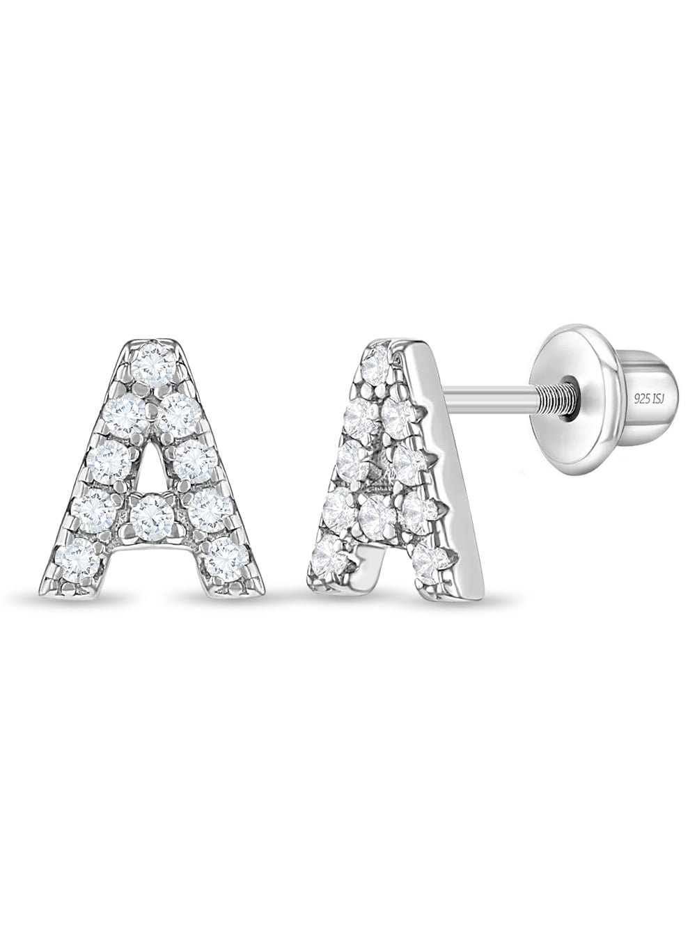 925 Sterling Silver Initial "A" Clear CZ Alphabet Screw Back Earrings for Girls