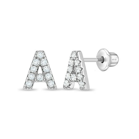 925 Sterling Silver Initial "A" Clear CZ Alphabet Screw Back Earrings for Girls