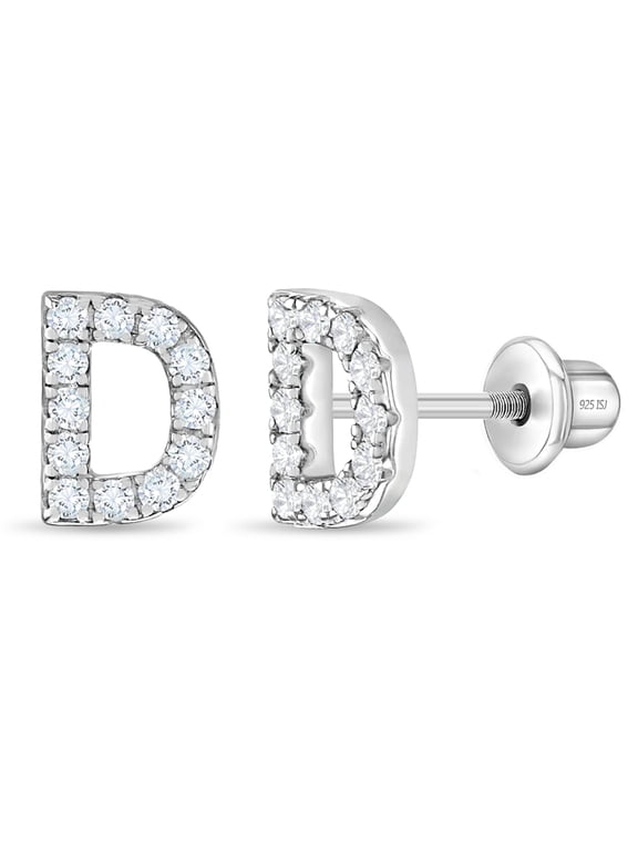 925 Sterling Silver Initial "D" Clear CZ Alphabet Screw Back Earrings for Girls