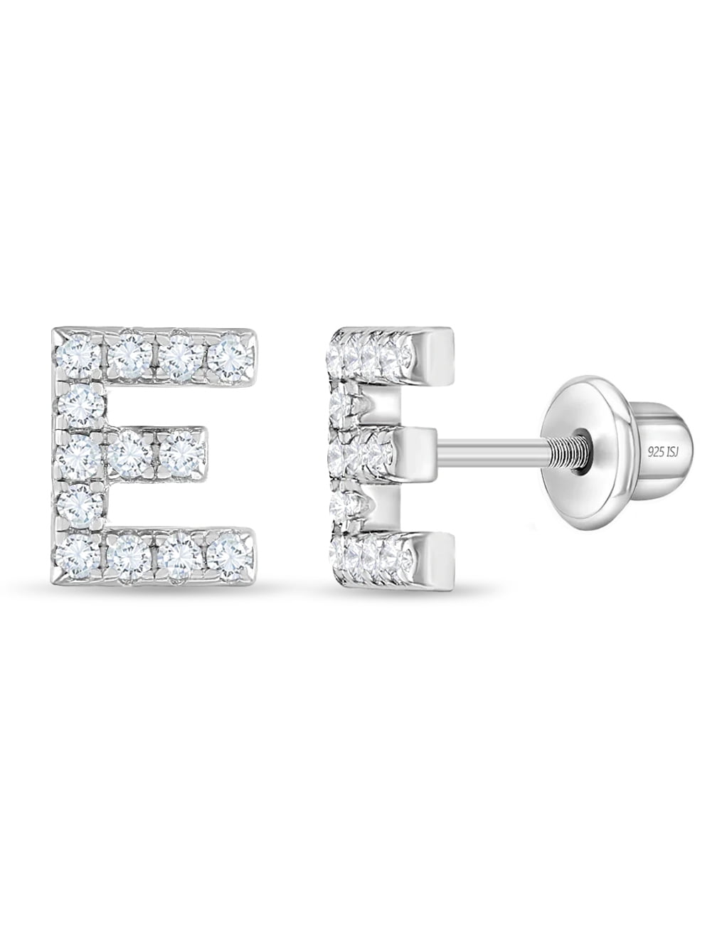 925 Sterling Silver Initial "E" Clear CZ Alphabet Screw Back Earrings for Girls