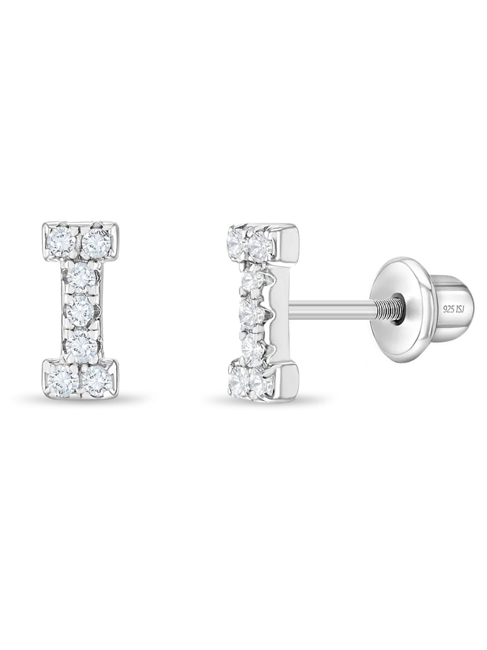 925 Sterling Silver Initial "I" Clear CZ Alphabet Screw Back Earrings for Girls