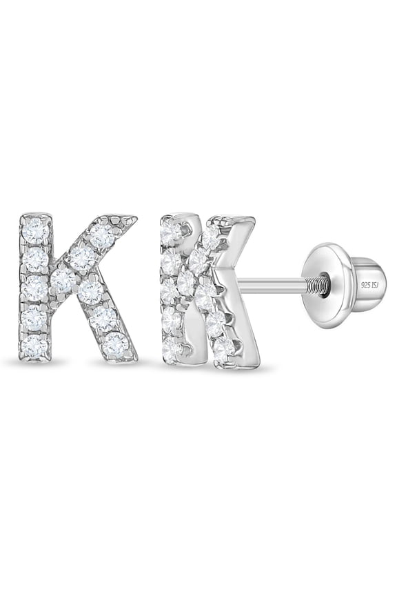 925 Sterling Silver Initial "K" Clear CZ Alphabet Screw Back Earrings for Girls