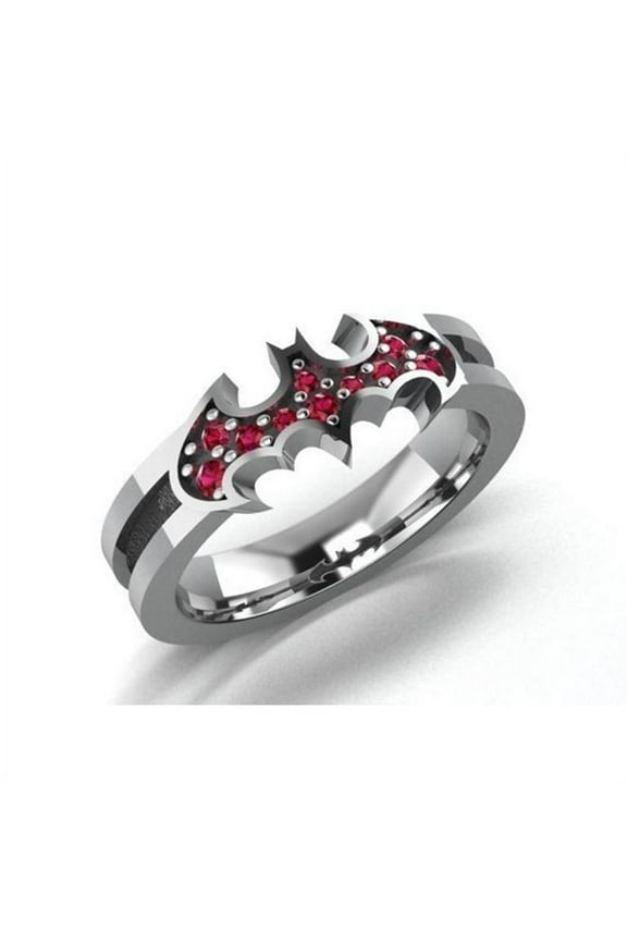 925 Sterling Silver Inlay Ruby Batman Bridal Engagement Wedding Ring