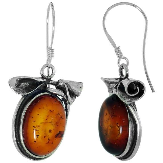 925 Sterling Silver Italian Amber Rose Accent Oval Earrings 21mm