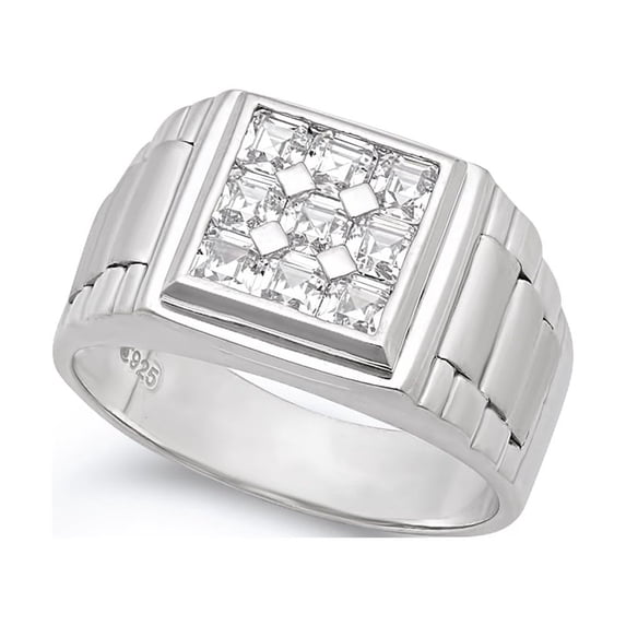 925 Sterling Silver Italian Crafted 21mm Multi-Princess Cut CZ Square Face Ring, Size 12 + Bonus Cloth