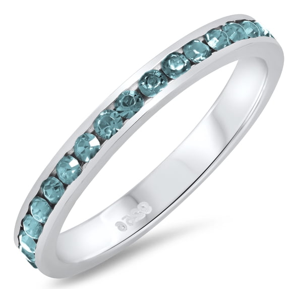 925 Sterling Silver Italian Crafted 3mm Simulated Aquamarine CZ Eternity Band, Size 8.5 + Cleaning Cloth