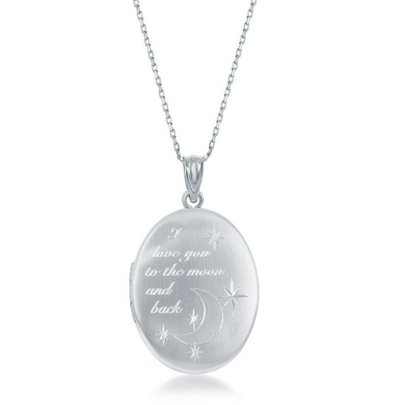 925 Sterling Silver Italian "I Love You to the Moon & Back" Heart/Oval Locket 18" Pendant Necklace