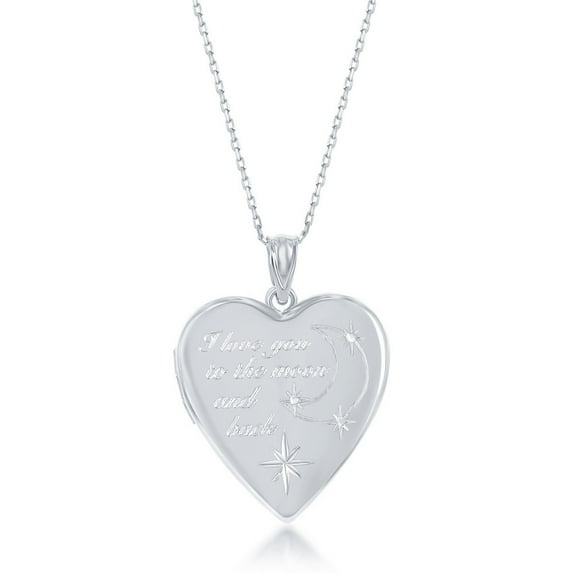 925 Sterling Silver Italian "I Love You to the Moon & Back" Heart/Oval Locket 18" Pendant Necklace