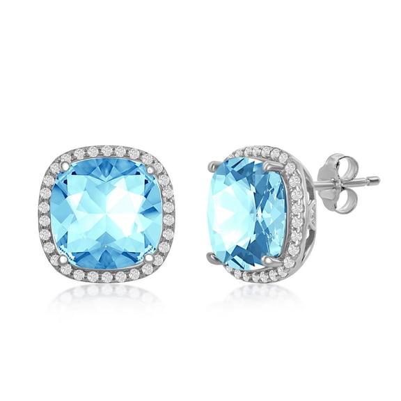 925 Sterling Silver Italian Rhodium Plated High Polished 10mm Aqua Swarovski Element with Cubic Zirconia Square Halo Stud Earrings