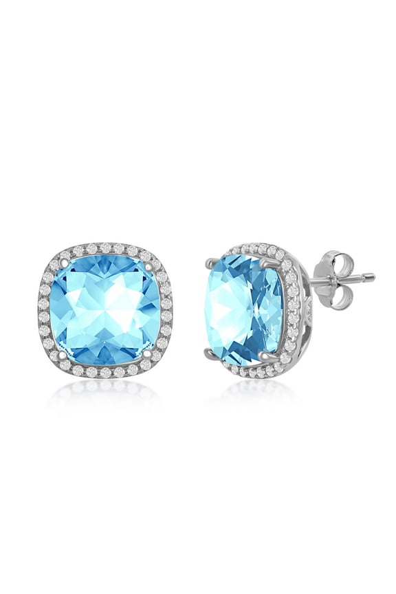 925 Sterling Silver Italian Rhodium Plated High Polished 10mm Aqua Swarovski Element with Cubic Zirconia Square Halo Stud Earrings