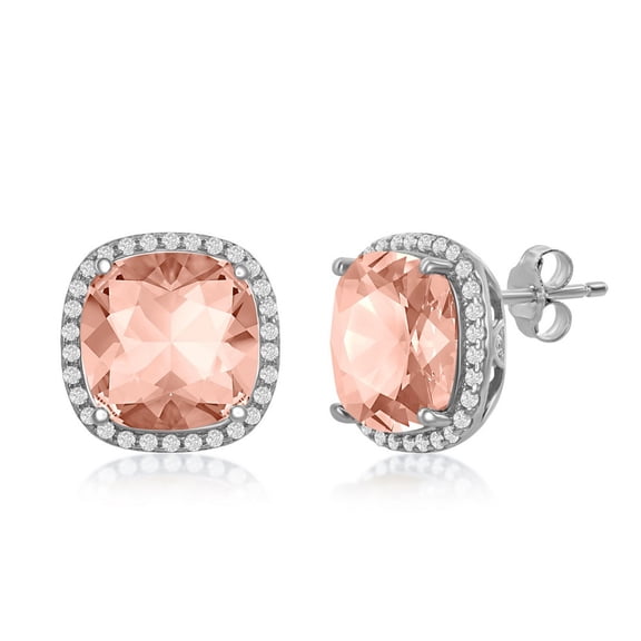 925 Sterling Silver Italian Rhodium Plated High Polished 10mm Vintage Rose Swarovski Element with Cubic Zirconia Square Halo Stud Earrings