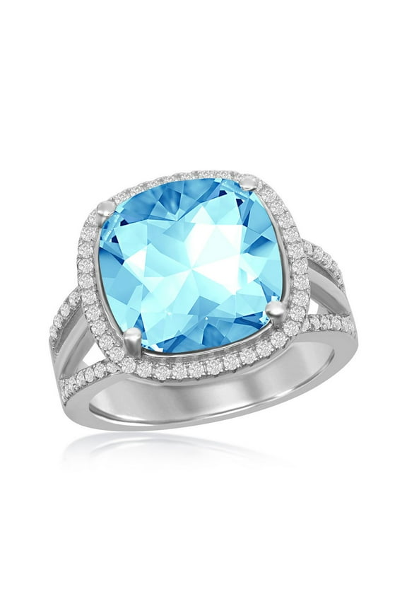 925 Sterling Silver Italian Rhodium Plated High Polished 12mm Cushion Square Aqua Swarovski Element with Cubic Zirconia Halo Ring