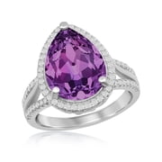 925 Sterling Silver Italian Rhodium Plated High Polished 14x10mm Pear-shaped Halo Amethyst Swarovski Element with Cubic Zirconia Ring