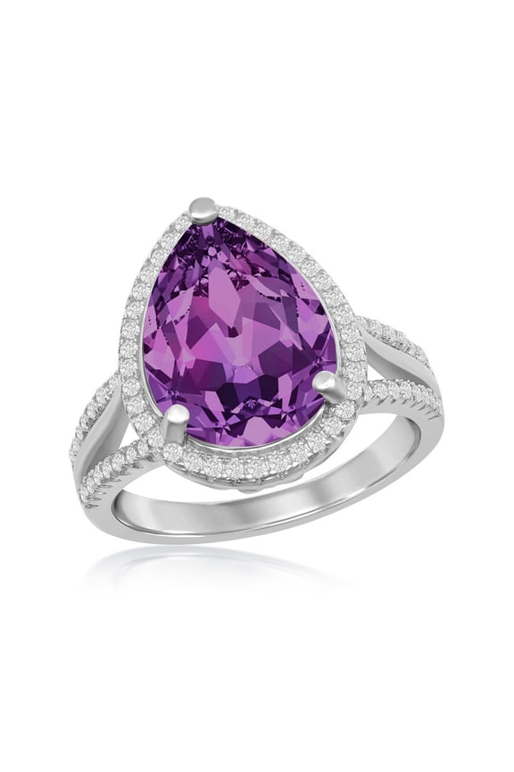 925 Sterling Silver Italian Rhodium Plated High Polished 14x10mm Pear-shaped Halo Amethyst Swarovski Element with Cubic Zirconia Ring