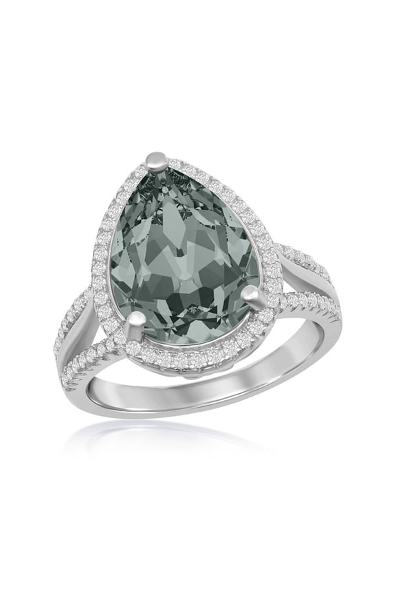 925 Sterling Silver Italian Rhodium Plated High Polished 14x10mm Pear-shaped Halo Black Diamond Swarovski Element with Cubic Zirconia Ring