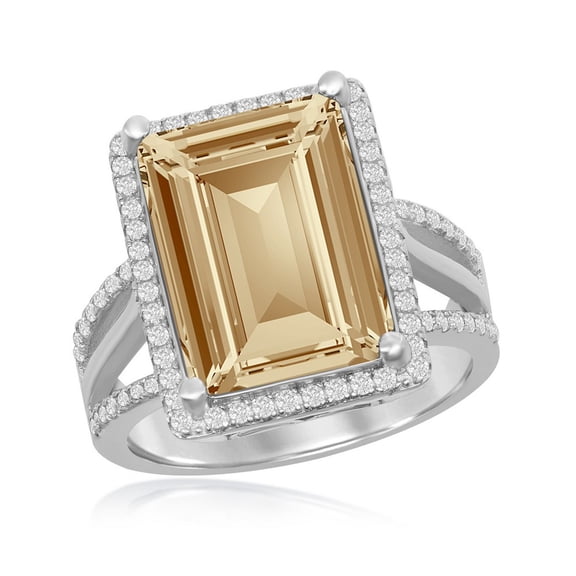 925 Sterling Silver Italian Rhodium Plated High Polished 14x10mm Rectangular Step-Cut Golden Shadow Swarovski Element Ring