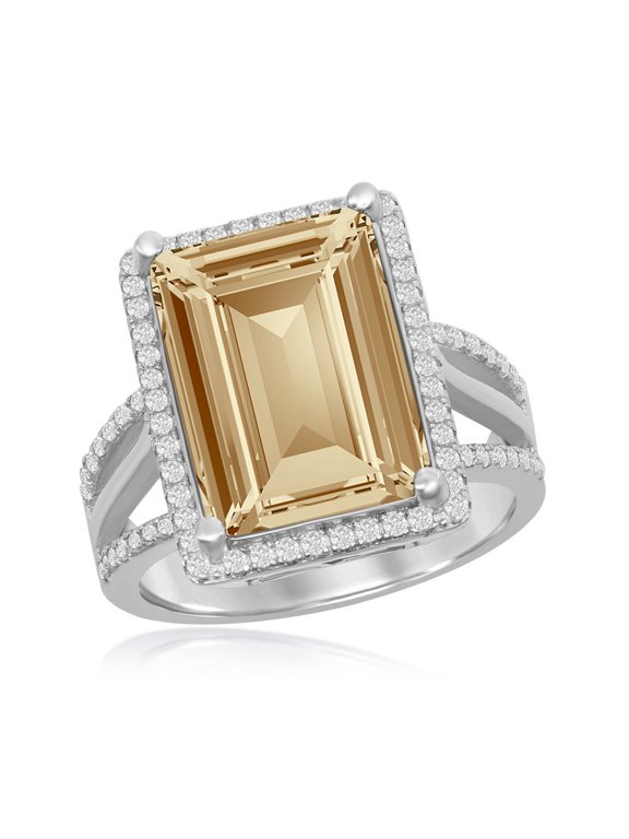 925 Sterling Silver Italian Rhodium Plated High Polished 14x10mm Rectangular Step-Cut Golden Shadow Swarovski Element Ring