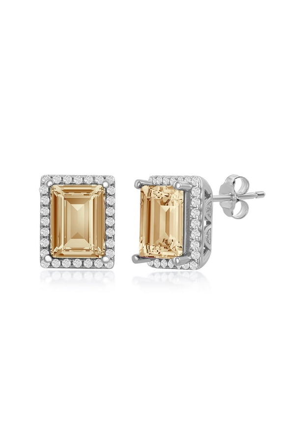 925 Sterling Silver Italian Rhodium Plated High Polished 8x6mm Rectangular Step-Cut Golden Shadow Swarovski Element Stud Earrings